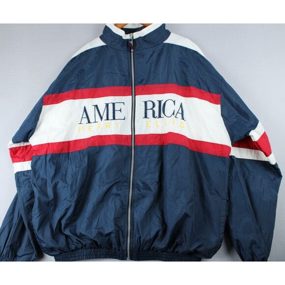 Vintage Perry Ellis America Embroidered Red White Blue Windbreaker Jacket XXL 90 - Picture 2 of 16